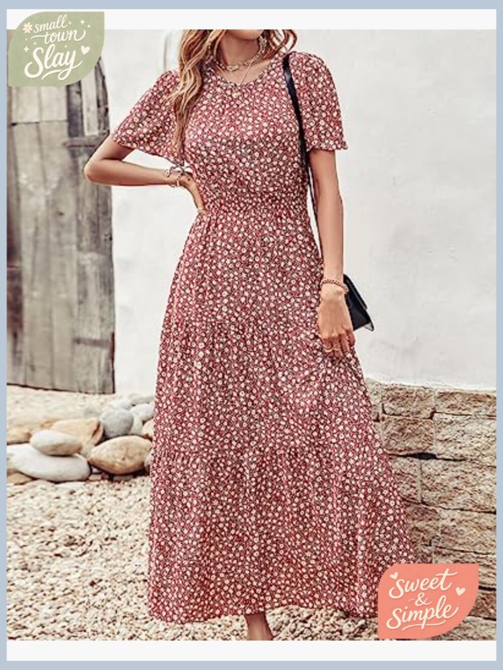 Short Flutter Sleeve Maxi Dress Smocked Waist Tiered Boho Flowy Summer - Picture 3 of 7